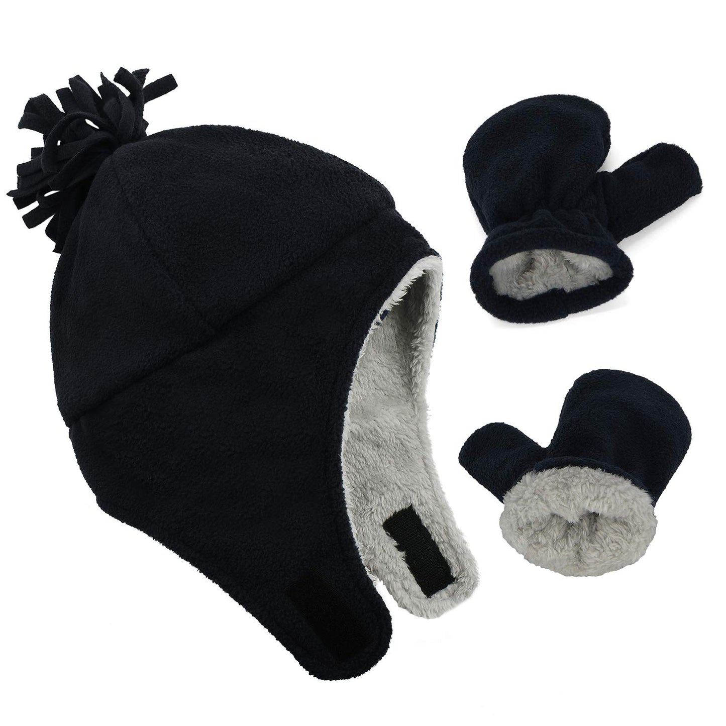 Century Star Baby Fleece Hat Warm Earflap Toddler Boys Winter Hat And Mitten Set 01 Black 3-12 Months