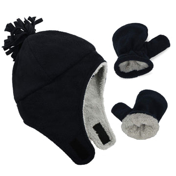 Century Star Baby Fleece Hat Warm Earflap Toddler Boys Winter Hat And Mitten Set 01 Black 3-12 Months