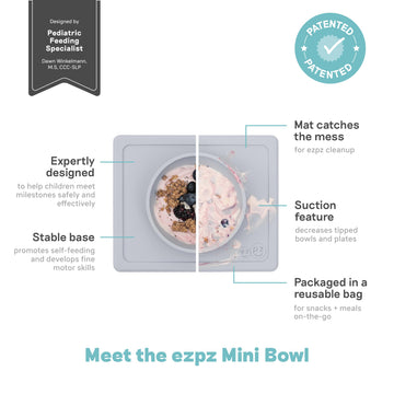Ezpz Mini Bowl For 12 Months+ (Pewter) - 100% Silicone Suction Bowl With Built-In Placemat For Toddlers - Comes With A Reusable