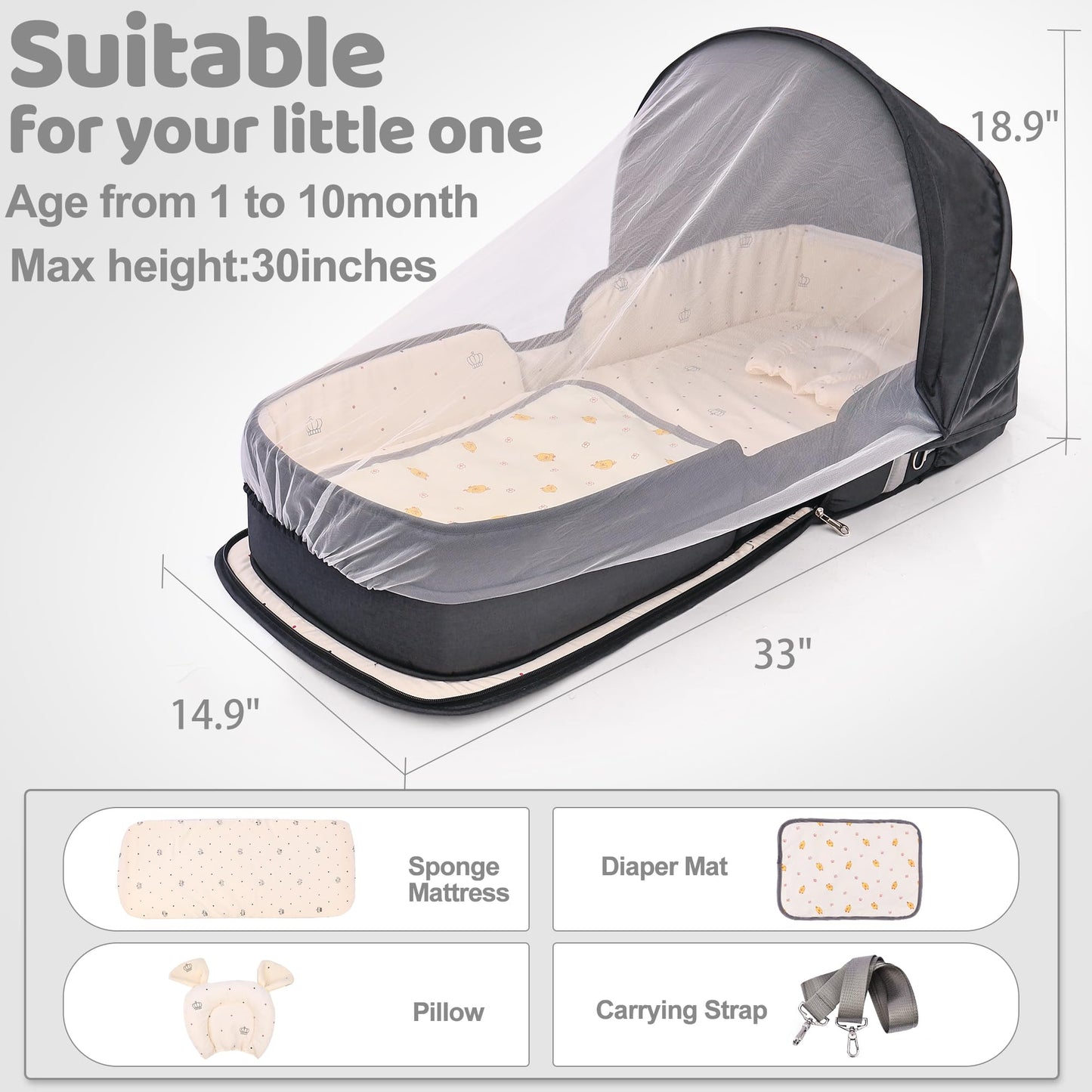 Yvmvdv Portable Travel Bassinet For 0-10M Baby, Portable Travel Baby Bed, Cosleeping Baby Bed With Mosquito Net, Lightweight And