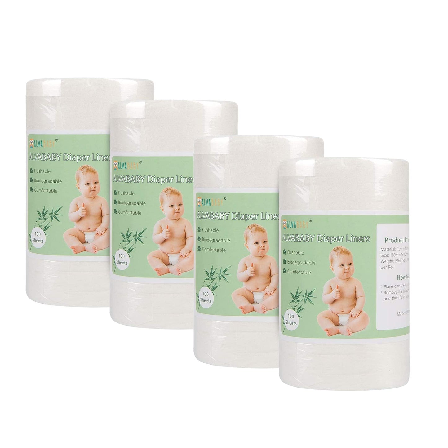 ALVABABY Diaper Liners 4 Rolls for Baby Cloth Diaper 11.8 x 7.1 Inch Disposable Natural Soft Compostable Fragrance Free and Chlo