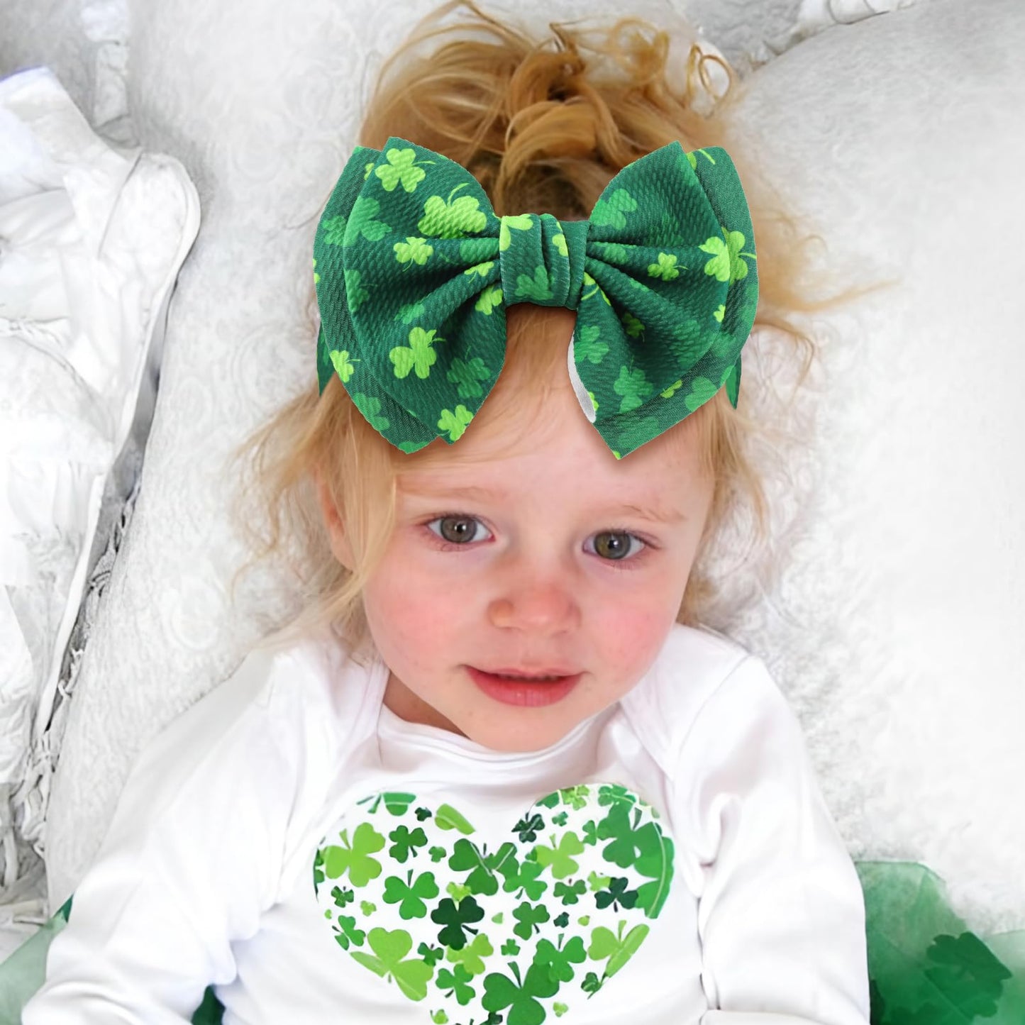 Yanjie 7 ' St.Patrick 'S Day Large Bow For Baby Girl Headband Newborn Infant Kids Shamrock Double Layer Messy Bow Headwrap