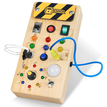 Montessori Toddler Busy Board, Baby Wooden Busy Board with 8 LED Light switches, Sensory Toys Light Switch Toys Travel Toys for 