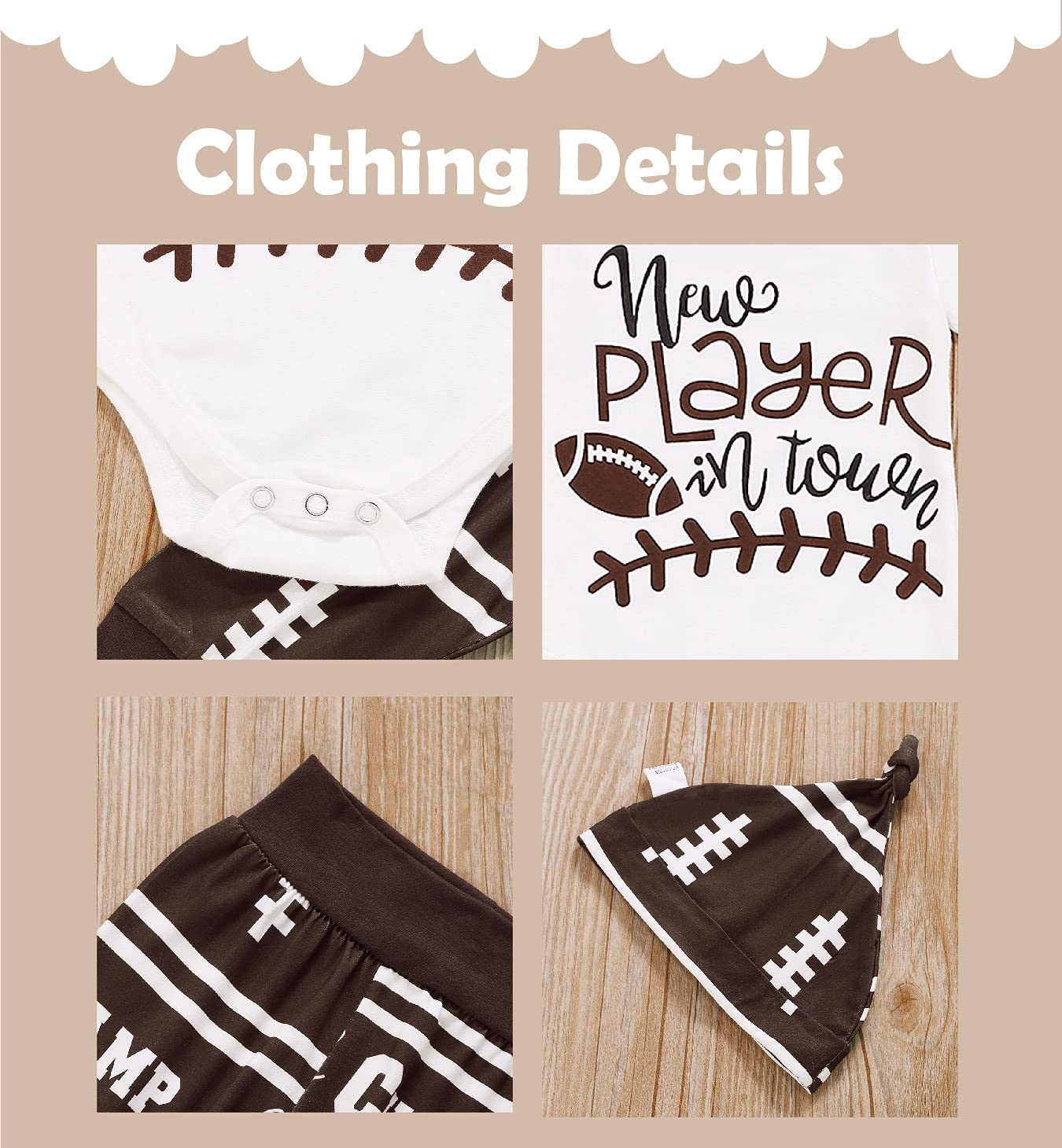 Aslaylme Newborn Baby Boy Clothes Coming Home Outfit New Player In Town Football Romper (Brown, 0-3 Months)