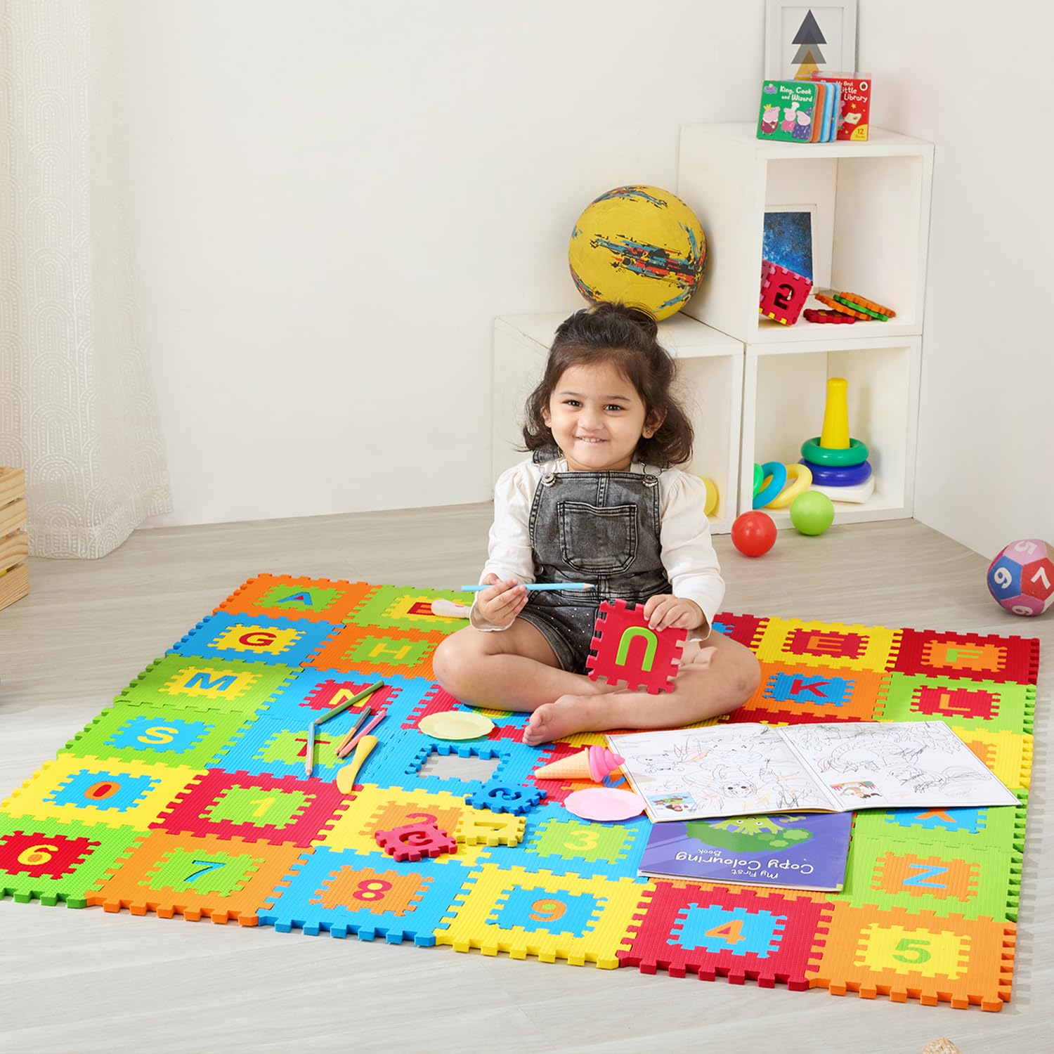 Amazon Brand  Supples Pop Out Interlocking Playmat | Baby Puzzle Mat | Alphabets & Numbers Floor Mat | Multicolour |Eva Foam | 