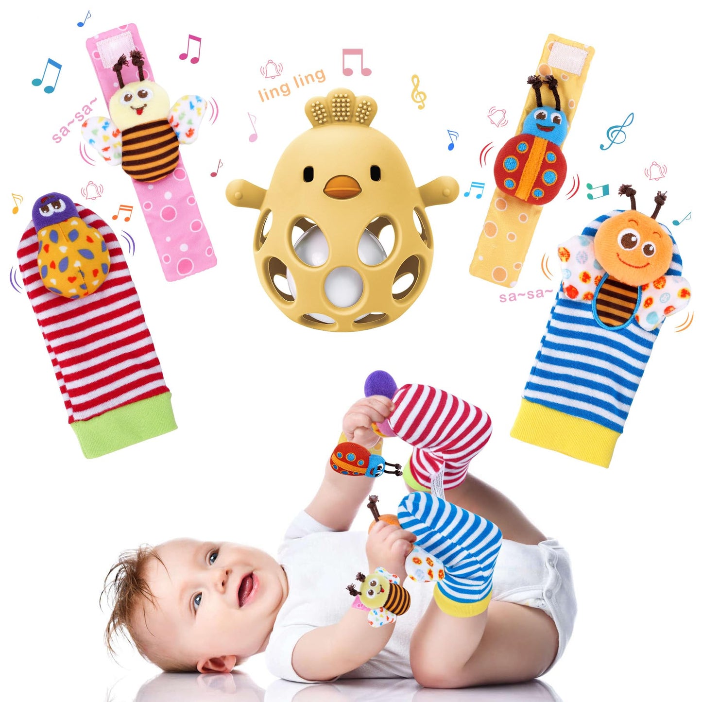 MCGMITT Teethers for Babies 3-6 Months, Soft Baby Wrist and Foot Rattles, Non Toxic Easy Grip Baby Rattles Toy for 0-12 Months, 