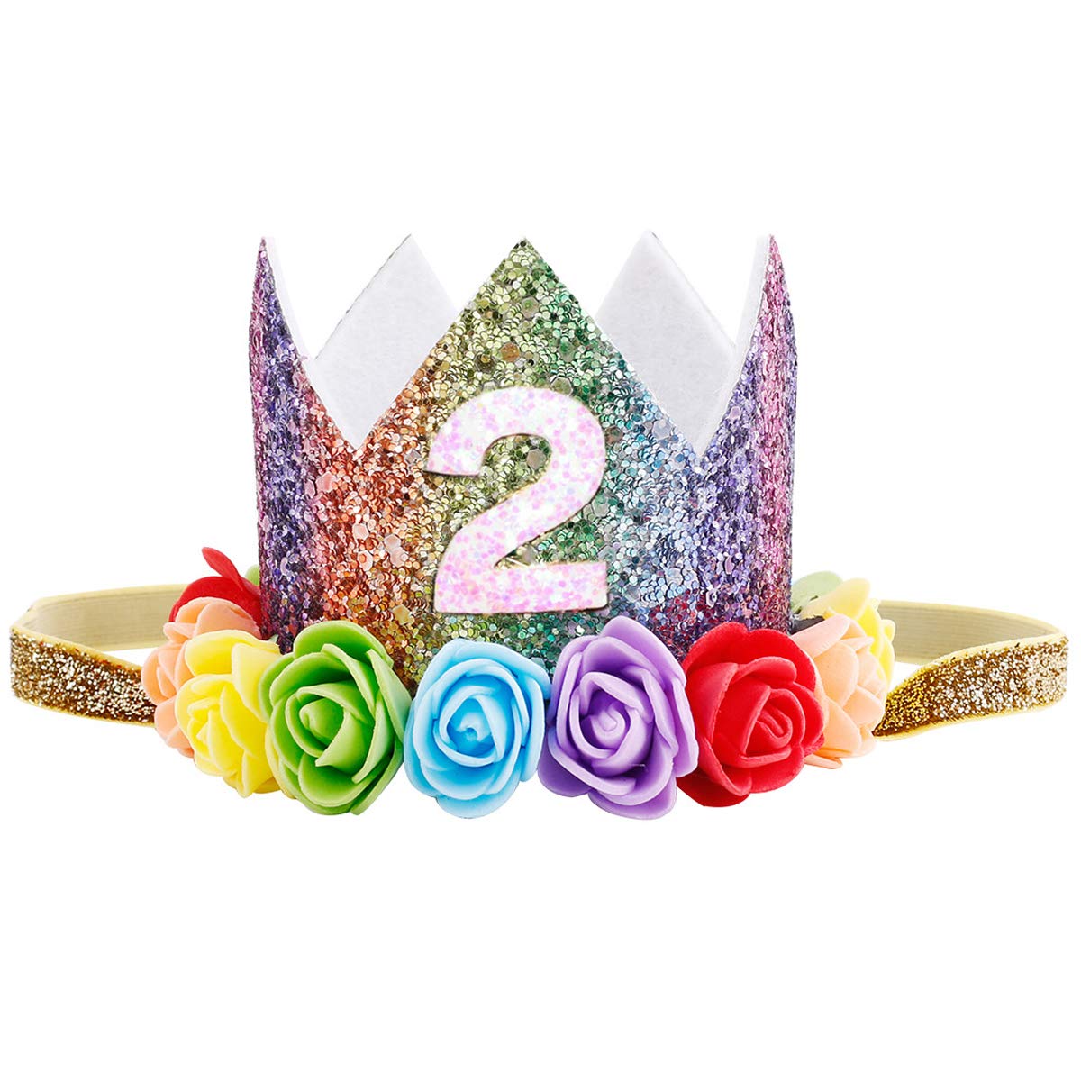 Maticr Baby Girl Glitter 1 2 3 First Birthday Rainbow Flower Crown Hat Floral Tiara Headband For Photo Prop (Number 2)