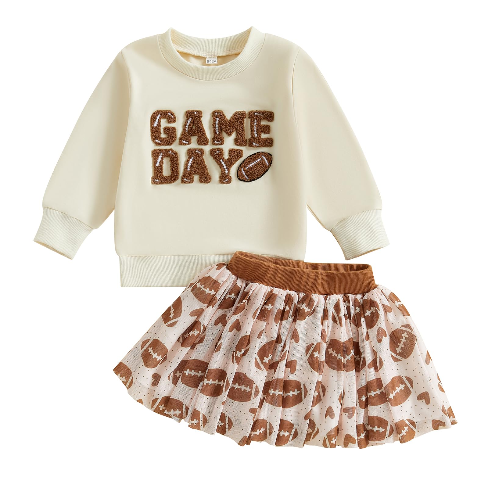 Toddler Baby Girl Football Outfits Game Day Embroidery Long Sleeve Sweatshirt Sequin Tutu Skirts 2Pcs Fall Clothes (Beige, 3-4T)