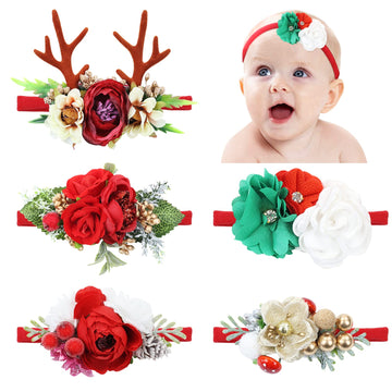 Cinaci 5 Pack Delicate Floral Flower Nylon Headbands Hair Bands Christmas Hair Accessories For Baby Girls Newborns Infants Toddl