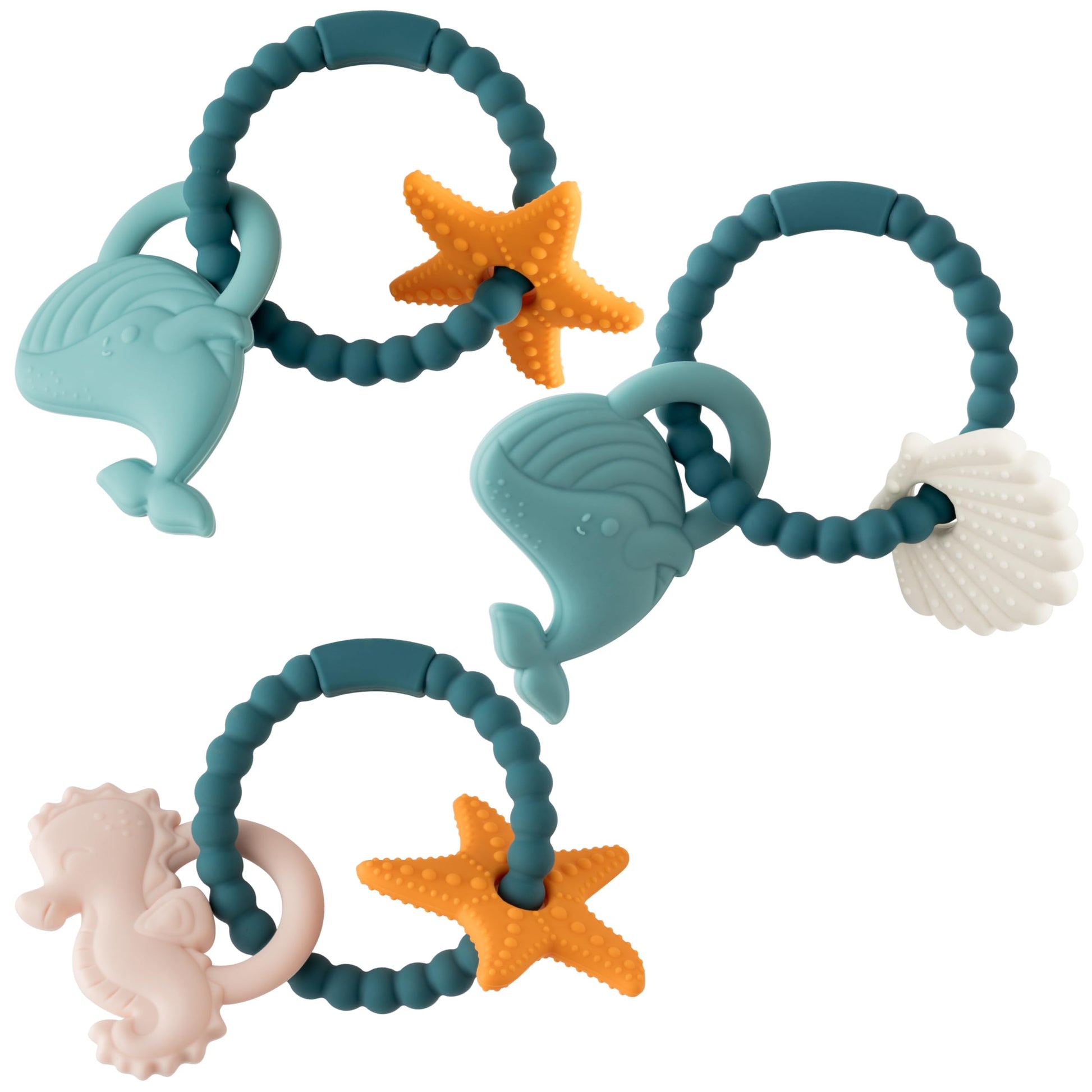 Silicone Teether Toys for Babies - 2ooya 3Pcs Summer Ocean Beach Themed Teething Ring, Baby Sensory Chew Toys with Rattles for N