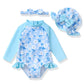 SODLON Baby Girl Swimsuit 6-12 Months Blue Daisy Floral Long Sleeve One-Piece Rash Guard Swimsuit with Matching Hat