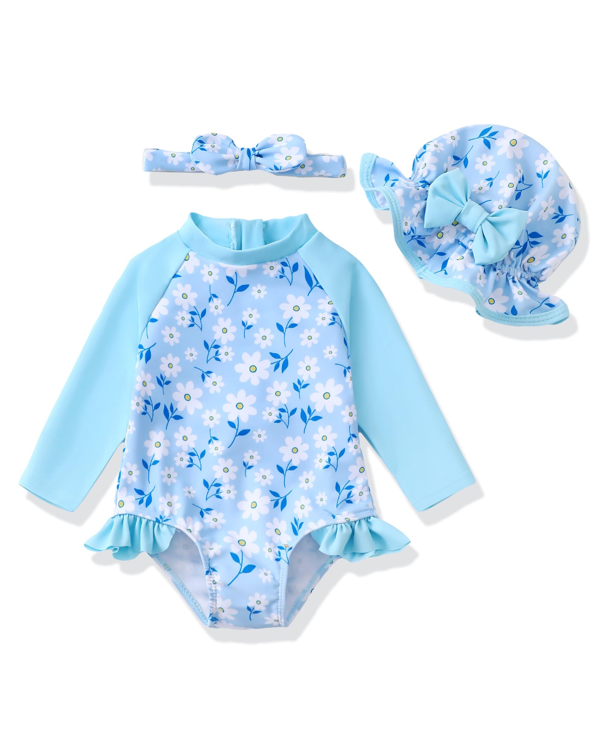 SODLON Baby Girl Swimsuit 6-12 Months Blue Daisy Floral Long Sleeve One-Piece Rash Guard Swimsuit with Matching Hat
