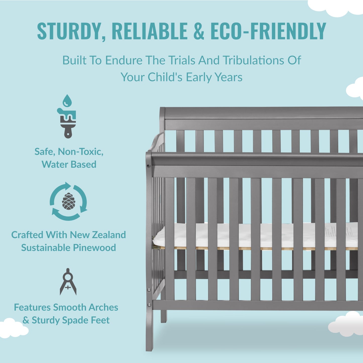 Dream On Me Jayden 4-In-1 Mini Convertible Crib And Changer In Storm Grey, Greenguard Gold Certified, Non-Toxic Finish, New Zeal