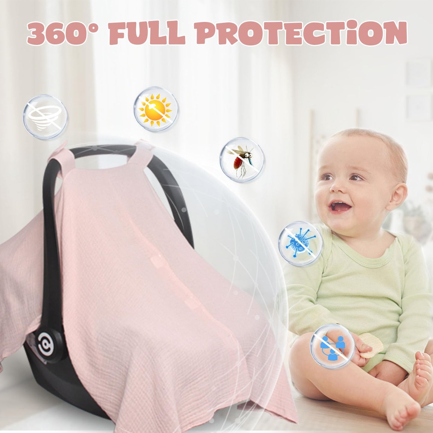 Boryokun Muslin Car Seat Cover For Babies, Multi-Use Nursing Cover, Breathable Infant Car Seat Canopy For Newborn (Pink)