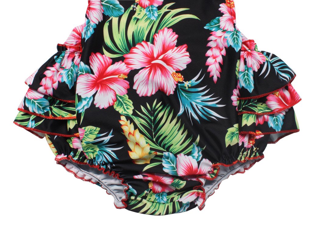 One Piece Redbub Floral Ruffles Rompers Bathing Suits Dress With Headband (Medium,Black)