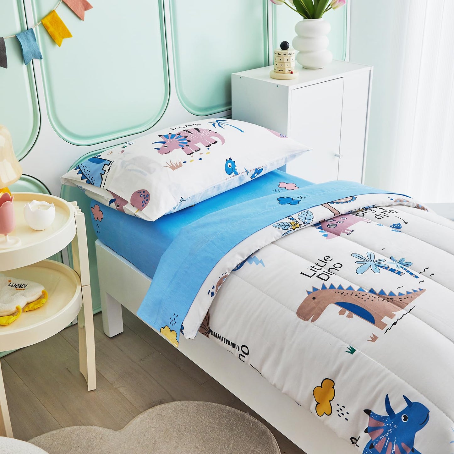Joyreap 4 Piece Cotton Toddler Bedding Set, Colorful Dinosaurs On White Reversible Design, Includes Quilted Comforter, Fitted Sh