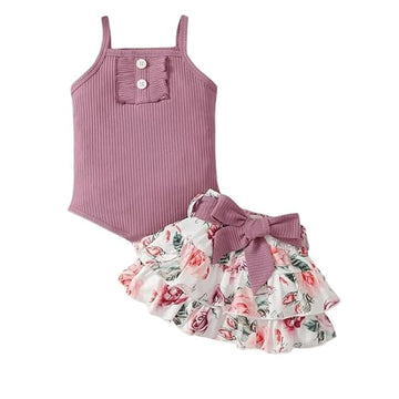 Girls Ribbed Ruffle TShirt And Skirt Set | Sleeveless Knitted TwoPiece Outfit For Baby Girls Casual Wear (45 Year) Purple