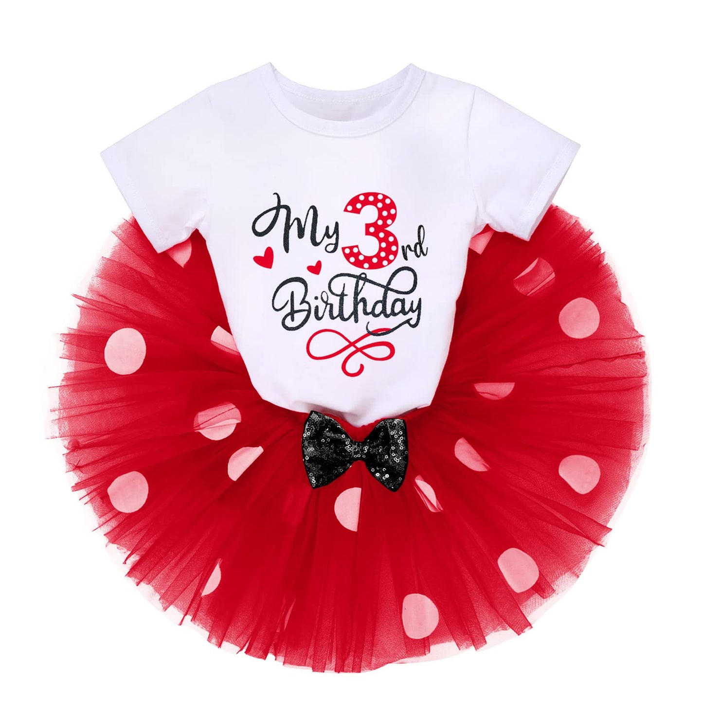 Ibtom Castle Toddler Baby Girls 3Rd Birthday Princess Outfit Polka Dots T-Shirt Top Tutu Skirt Set Ears Headband Third Years Old