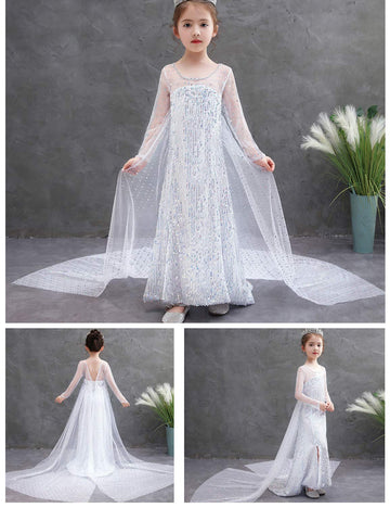 Luxury White Princess Dress Costumes With Shining Long Cape Girls Birthday Party 7-8 Years