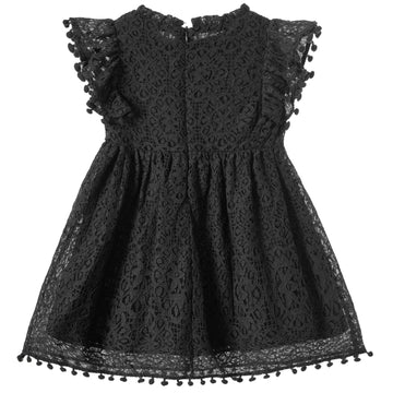 Niyage Toddler Girls Elegant Lace Pom Pom Flutter Sleeve Party Princess Dress Black 140