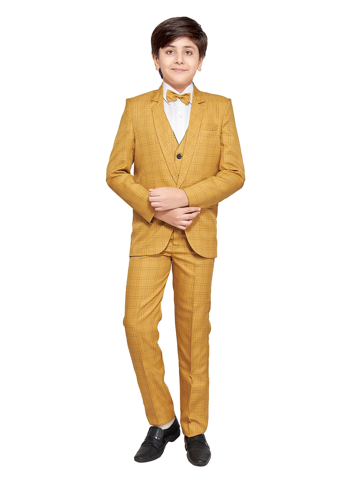 Jeetethnics Boys Mustard Checked Coat Suit Set With Waistcoat Shirt And Trousers (9095)