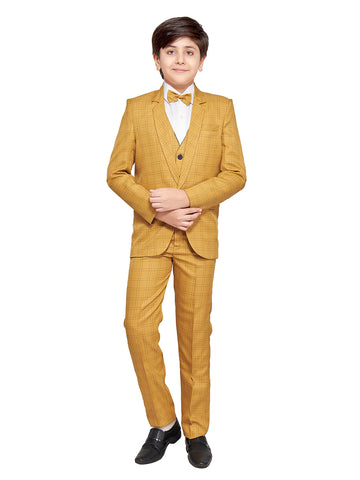 Jeetethnics Boys Mustard Checked Coat Suit Set With Waistcoat Shirt And Trousers (9095Q)