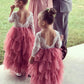 2Bunnies Girl Peony Lace Back A-Line Tiered Tutu Tulle Flower Girl Dress (Dusty Rose Sleeve Maxi, 4T)