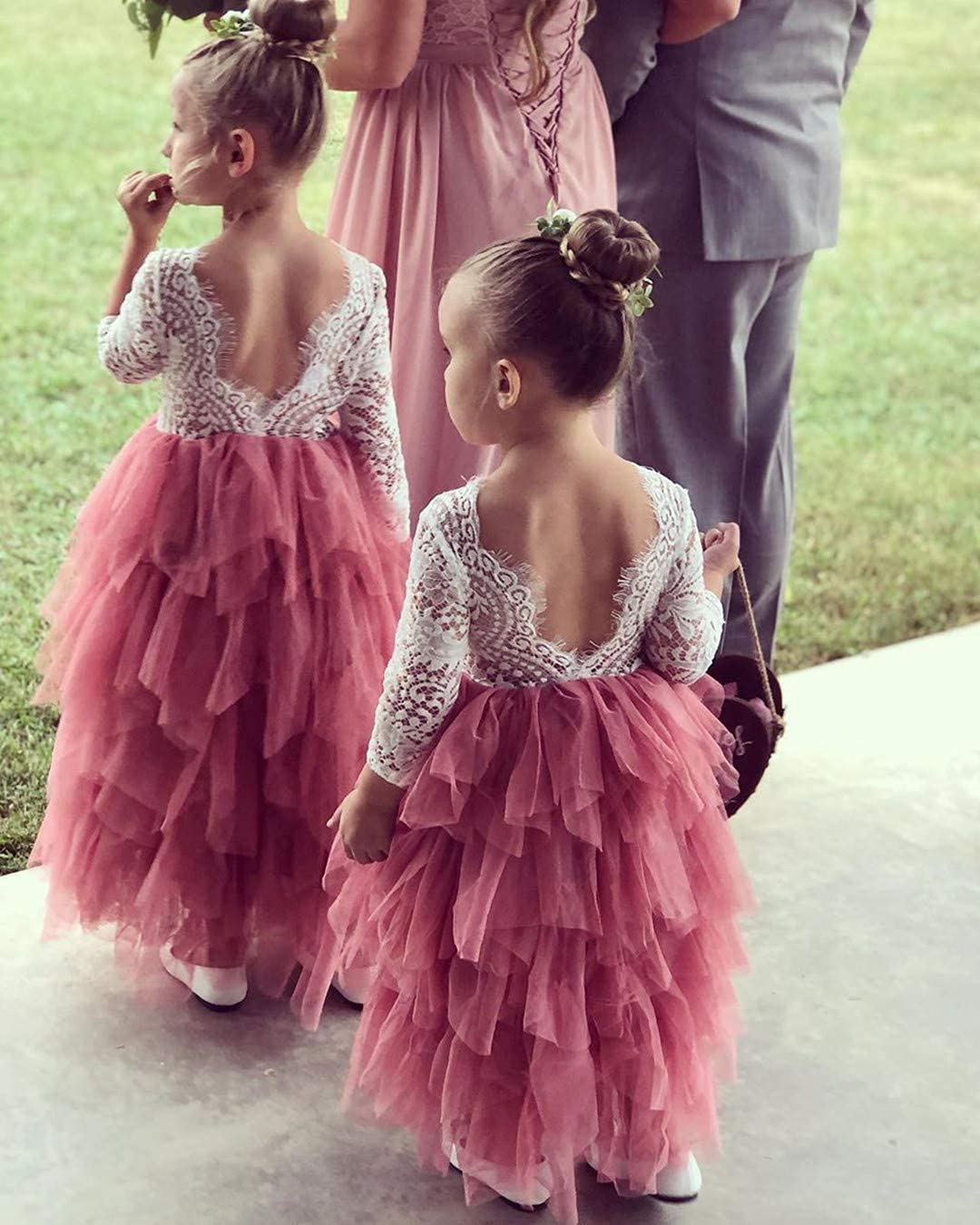 2Bunnies Girl Peony Lace Back A-Line Tiered Tutu Tulle Flower Girl Dress (Dusty Rose Sleeve Maxi, 4T)