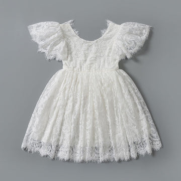 2Bunnies Girl Paisley Lace Back A-Line Tutu Tulle Party Flower Girl Dress (All Lace Flutter Sleeve Knee-White, 6)