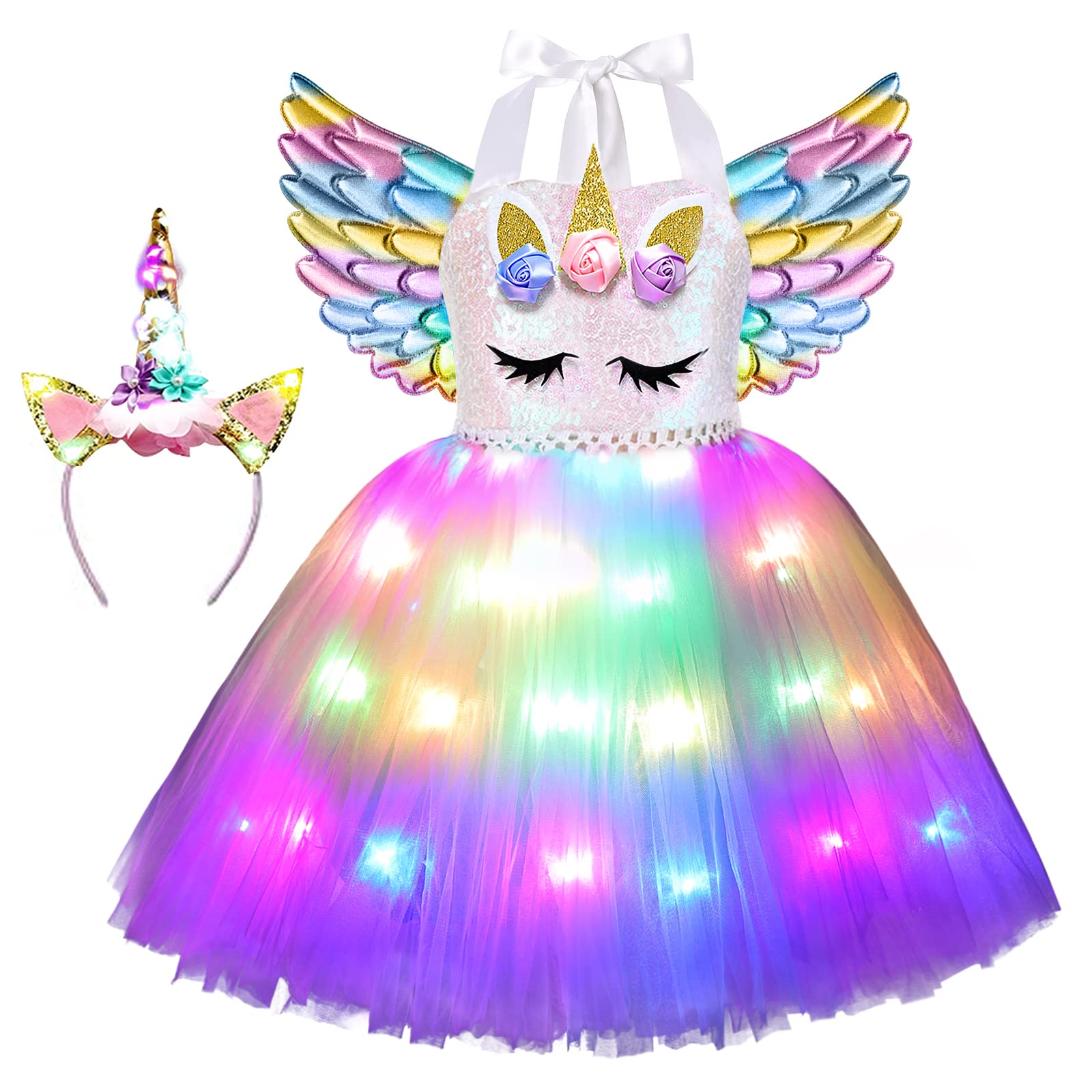 Skcaiht Unicorn Costumes For Girls Led Light Up Unicorn Princess Tutu Dress For Halloween Birthday Party Gifts (7-8 Years)