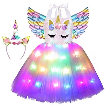Skcaiht Unicorn Costumes For Girls Led Light Up Unicorn Princess Tutu Dress For Halloween Birthday Party Gifts (7-8 Years)