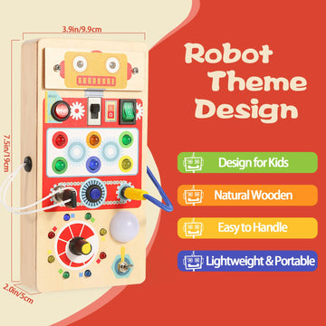 Asweets Montessori Wooden Busy Board Toy for Toddler, Red Robot Sensory Board with 8 LED Shape Light Switches, Travel & Gift Toy