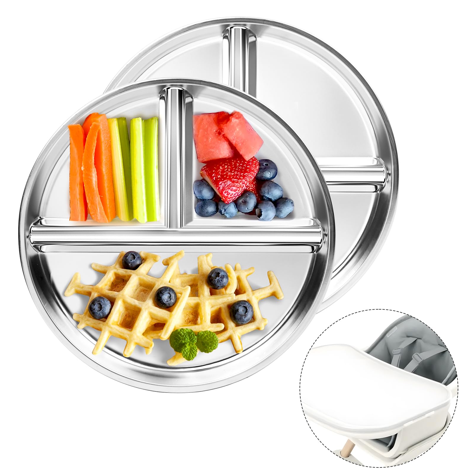 Bakpoco Stainless Steel Kids Plates 2 Packs, 8 Divided Toddlers portion control Plate, Non Toxic & BPA Free |Unbreakable |Dishwa