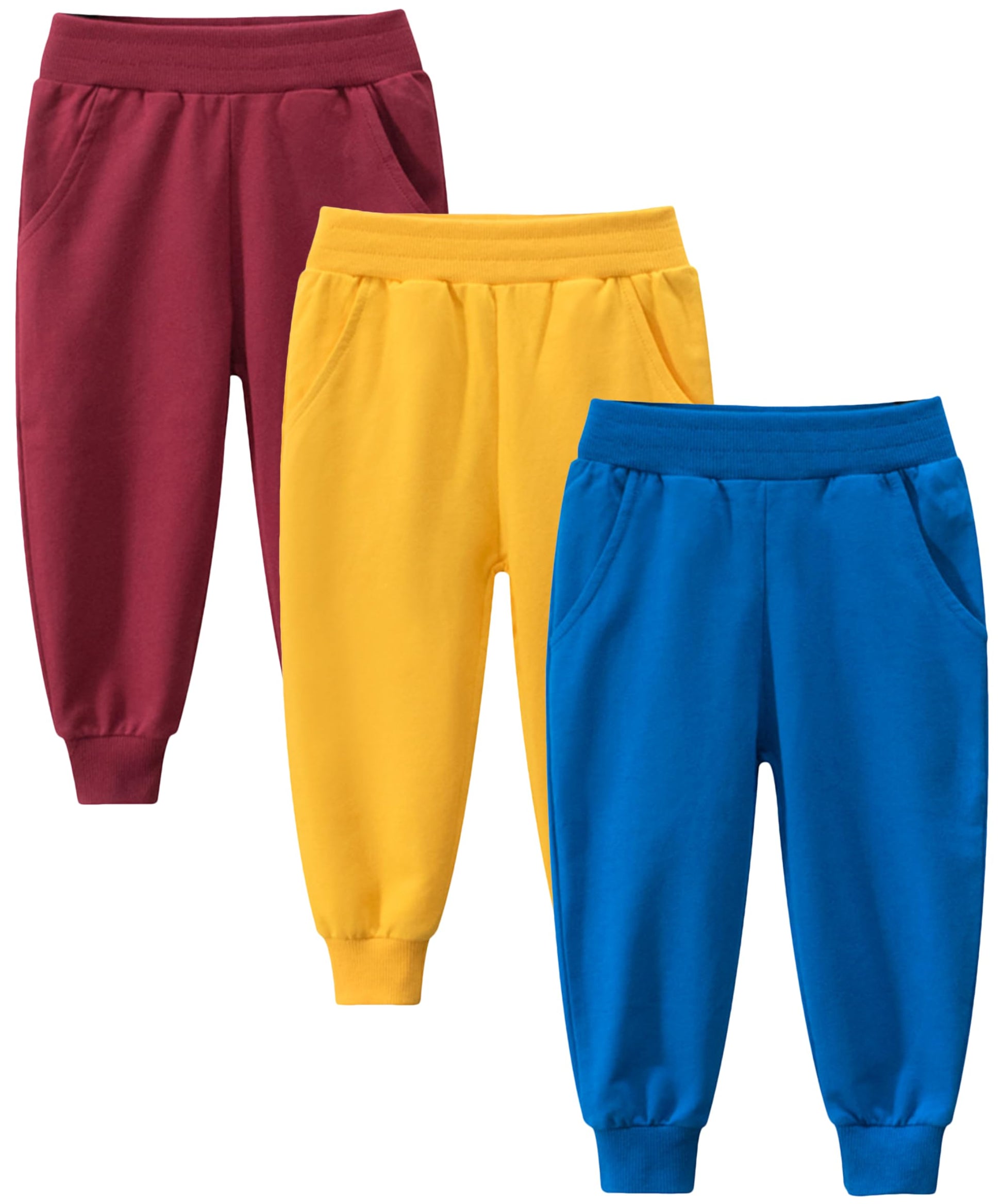 Gfqlong Toddler Boys 3 Pack Cotton Active Jogger Sweatpants,Kids Casual Athletic Solid Pocket Pull On Pants,Blue+Yellow+Red