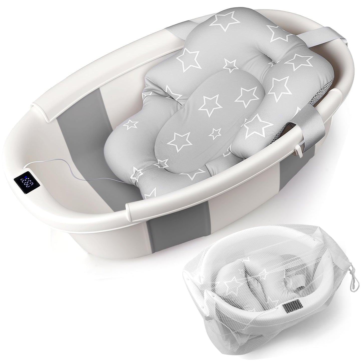 Baby Bathtub, Baby Tub with Thermometer & Soft Cushion, Collapsible Baby Bathtub from Newborn to Toddler Bathtub 0-36 Months, Fo