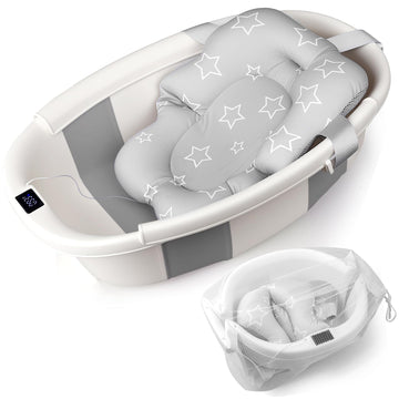 Baby Bathtub, Baby Tub with Thermometer & Soft Cushion, Collapsible Baby Bathtub from Newborn to Toddler Bathtub 0-36 Months, Fo
