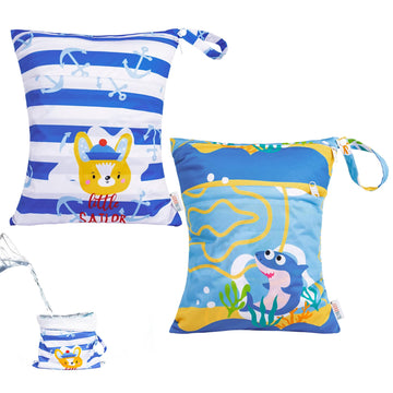 ALVABABY 2pcs Waterproof Wet Dry Bags,Reusable with Two Zippered Pockets,Baby Cloth Diaper,Travel,Beach,Pool,Daycare,Soiled Baby