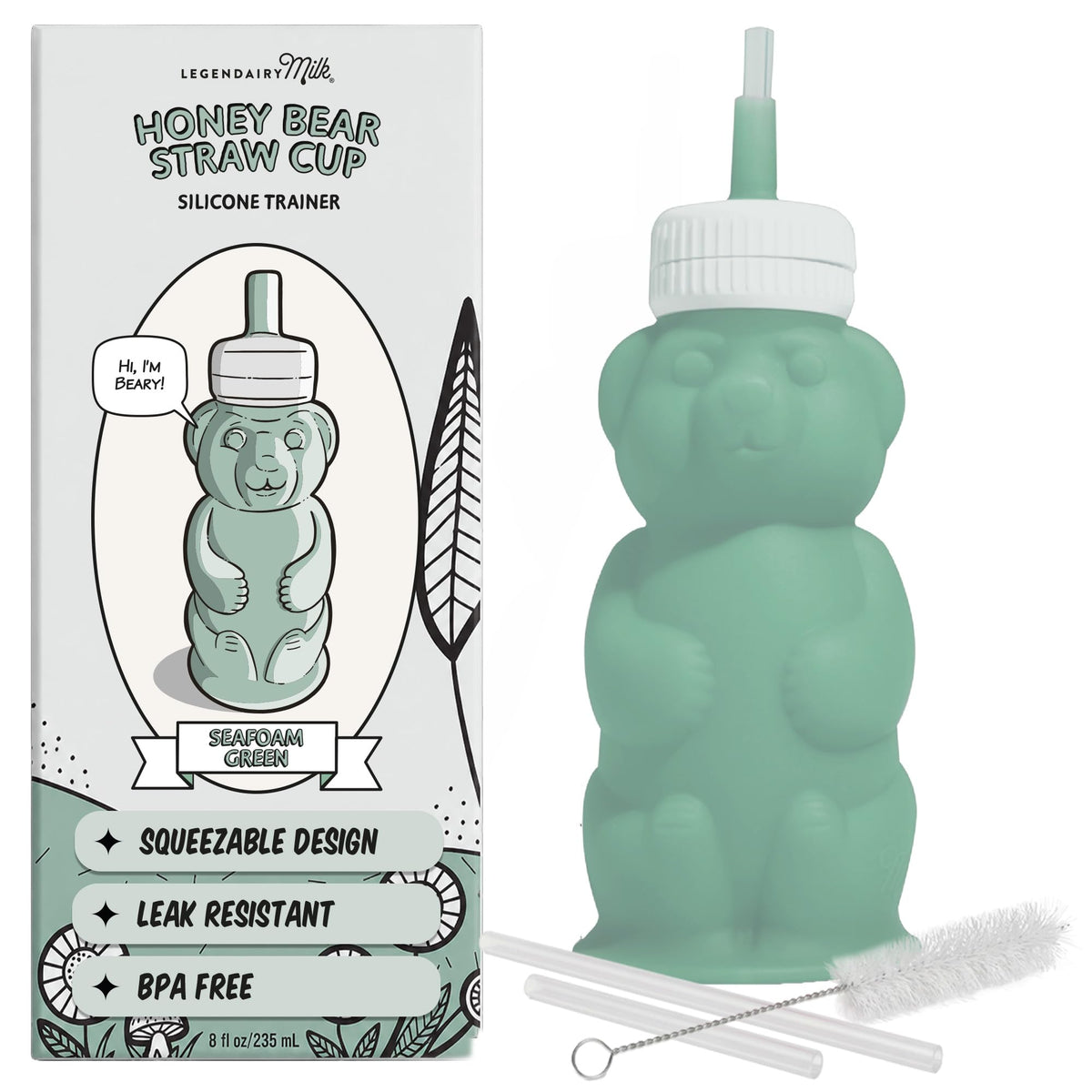 Legendairy Milk Honey Bear Silicone Straw Sippy Cup, Green, 8 oz, 4+ Months