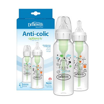 Dr. Brown'S Natural Flow Anti-Colic Options+ Narrow Baby Bottle, Pig & Frog, 8 Oz/250 Ml, With Level 1 Slow Flow Nipple, Bpa Fre