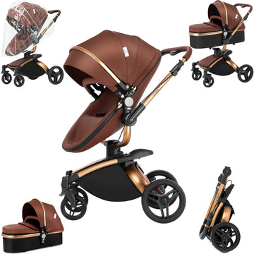 PU Leather 2 in 1 Baby Stroller with 360 Rotatable Seat, Convertible Pram, Reversible Standard Stroller, Portable Infant Carriag