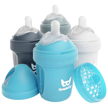 Herobility Double Anti-Colic Baby Bottles - 5 Fl Oz/140Ml - 4-Pack - Multicolor - White, Gray, Iron Blue, Blue