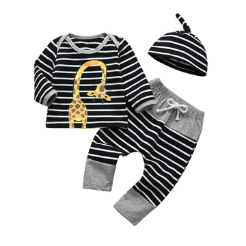 3Pcs Newborn Baby Boy Clothes Giraffe Printed Long Sleeve Stripe T-Shirt Pants And Hat Outfit Set (3-6 Months)
