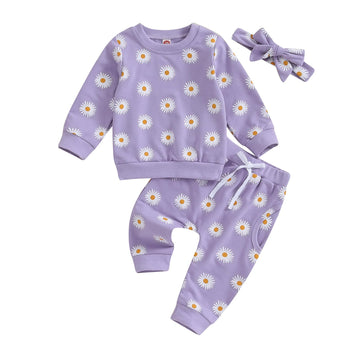 Ciycuit 3Pcs Baby Girl Fall Outfits Daisy Sweatshirt + Pants + Headband Infant Fall Winter Clothes Purple 18-24 Months