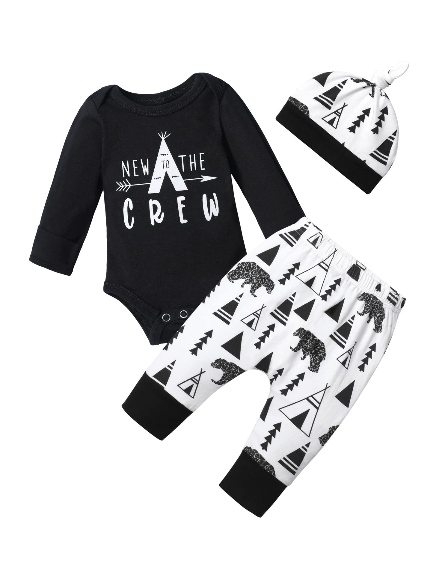 Fommy Newborn Baby Boy Clothes New To The Crew Letter Print Romper+Bear Pants+Hat 3Pcs Outfits Set 3-6 Months