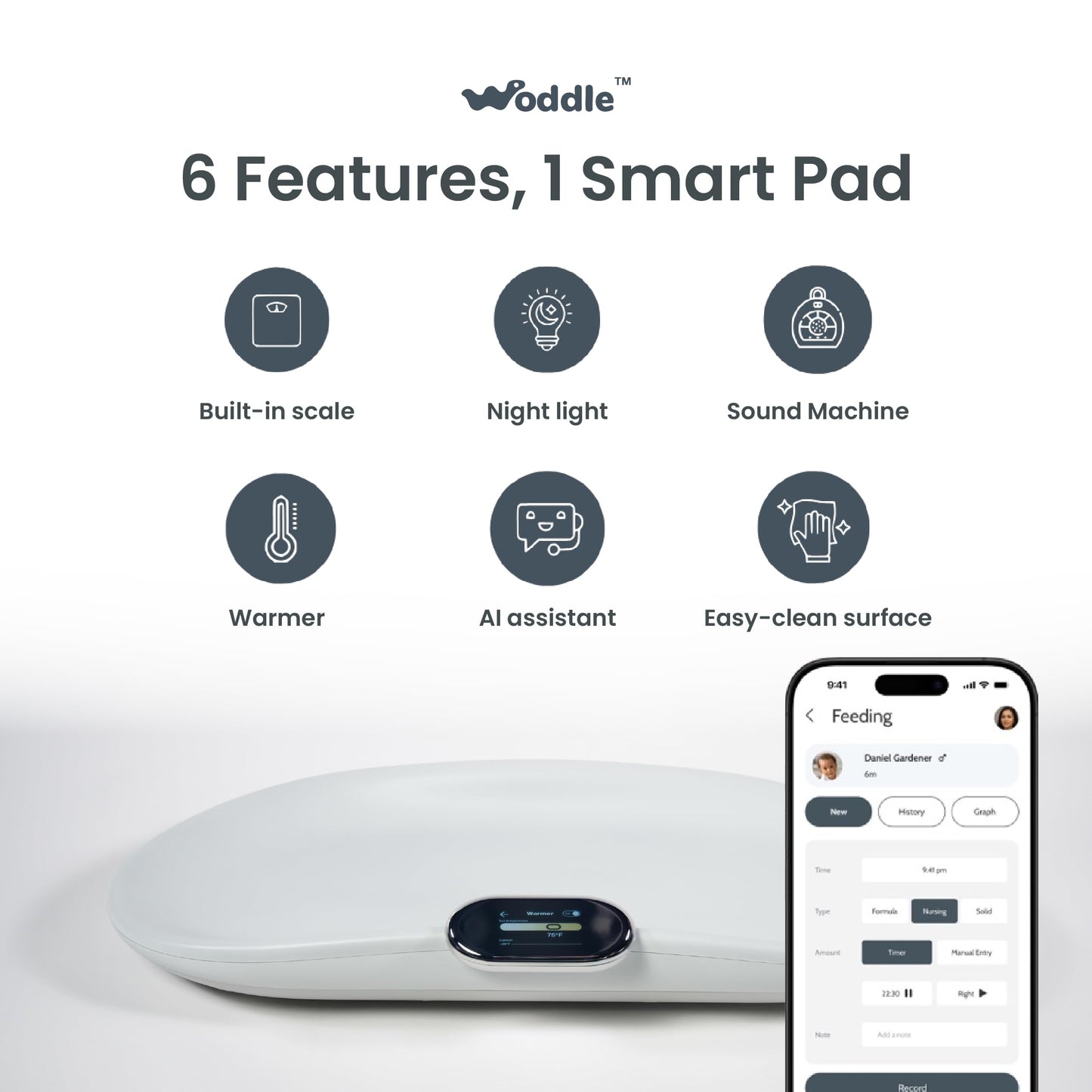 Woddle Baby Changing Pad, Baby Scale, 6 In 1 Waterproof Pad, Easy-To-Clean Changing Pad, Wipeable Changing Pad With Safety Belt,