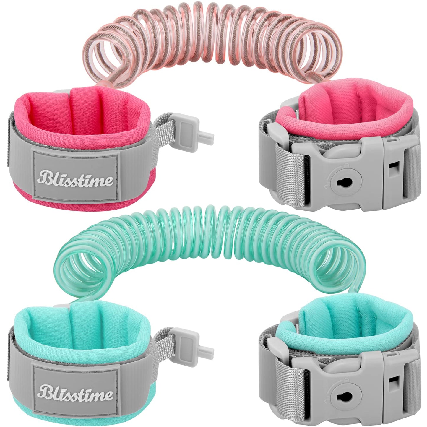 Blisstime Toddler Leash, 2 Pack Kid Leash Anti Lost Wrist Link With Key Lock Baby Leash Harness For Toddler (Mint Green+Pink)
