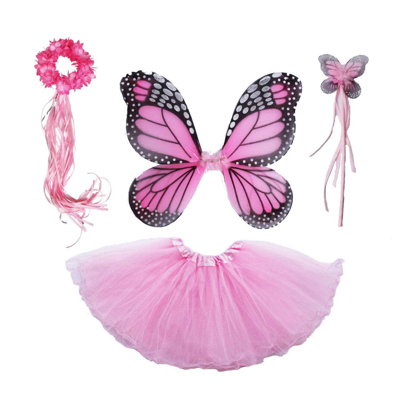 4 Pc Girls Fairy Monarch Princess Costume Set With Wings, Tutu, Wand  Halo