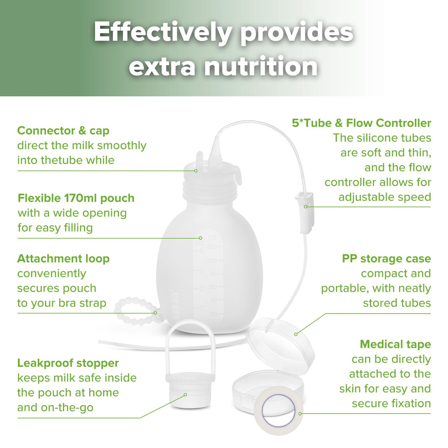 Haakaa Supplemental Feeding Tube & Pouch Set,Baby Supplemental Nursing System,Sns Breastfeeding System,Food Grade Silicone