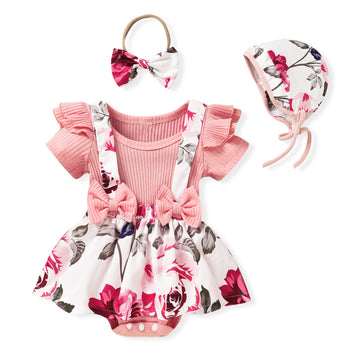 Unutiylo Preemie Newborn Baby Girl Clothes Romper Floral Suspender Dress Summer Outfits Ruffle Short Sleeve Short Set Pink