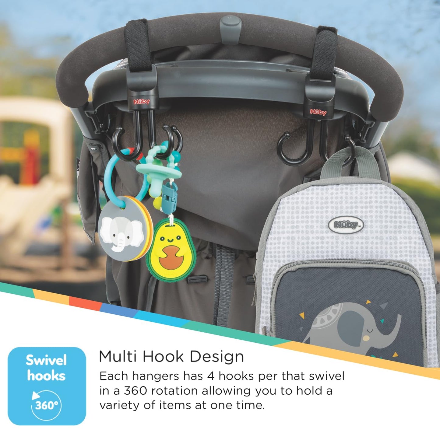 Nuby 2-In-1 Deluxe Adjustable Baby Stroller & Car Seat Hooks For Hanging Bags, Toys- Hang Or Remove Items From Hooks With One Ha